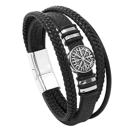Black braided leather bracelet with silver accents and a central round emblem on a white background