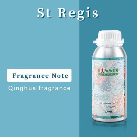 Bottle of Tunné aroma Qinghua fragrance on a blue background with St Regis branding.