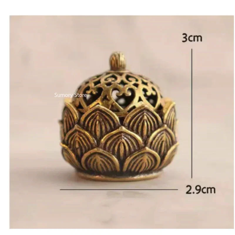 Bronze incense burner with intricate designs and measurements on a beige background