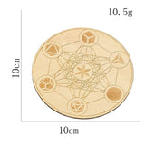 Wooden disc with geometric designs and measurements on a white background