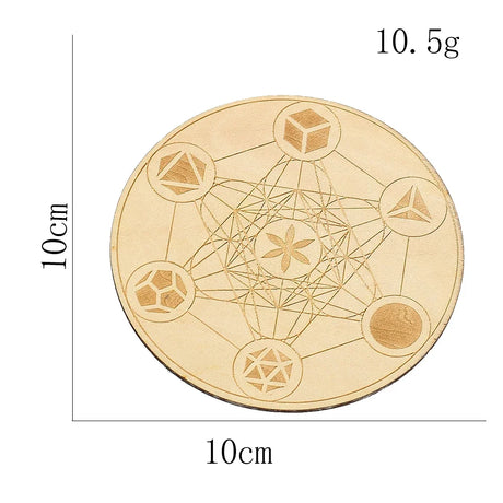Wooden disc with geometric designs and measurements on a white background