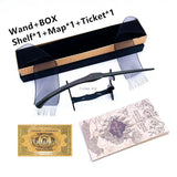 Harry Potter-themed wand, box, shelf, map, and ticket on a white background