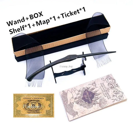Harry Potter-themed wand, box, shelf, map, and ticket on a white background