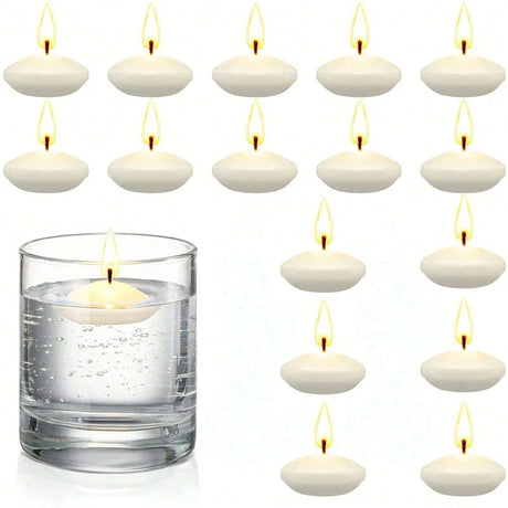 White floating candles with a glass of water on a white background