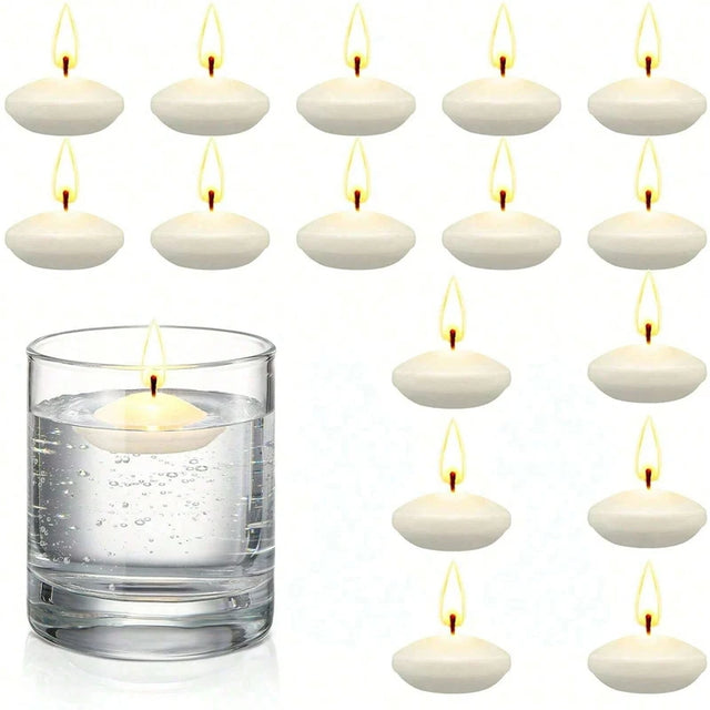 White floating candles with a glass of water on a white background