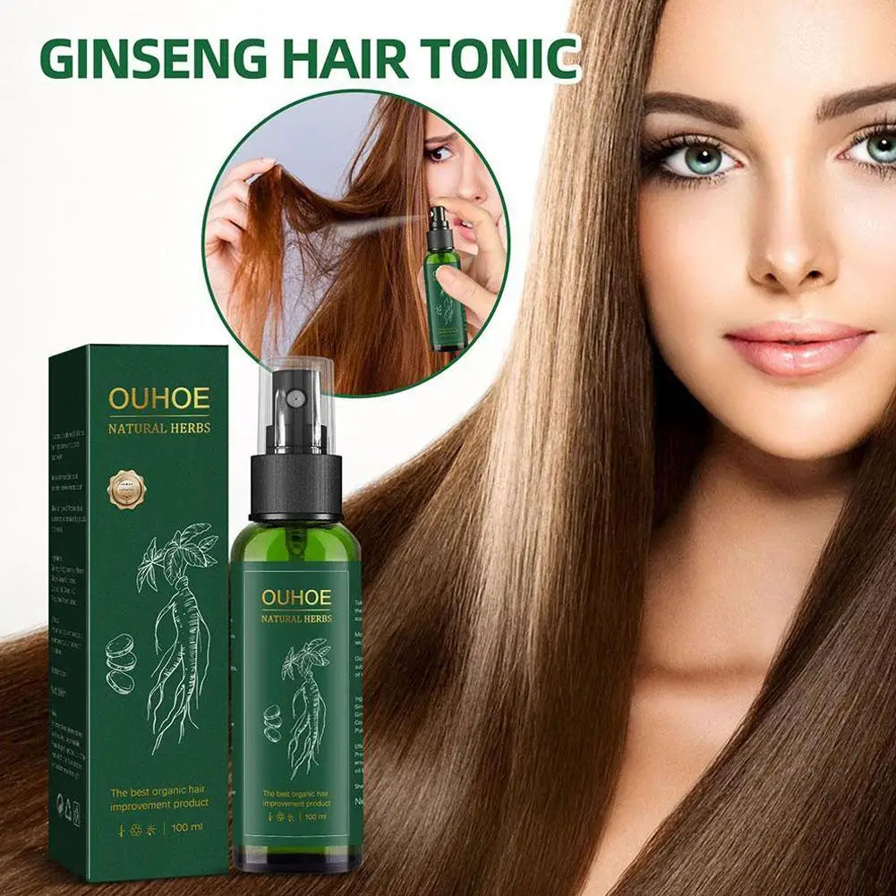 OUHOE Ginseng Hair Tonic with packaging and a woman with long hair.