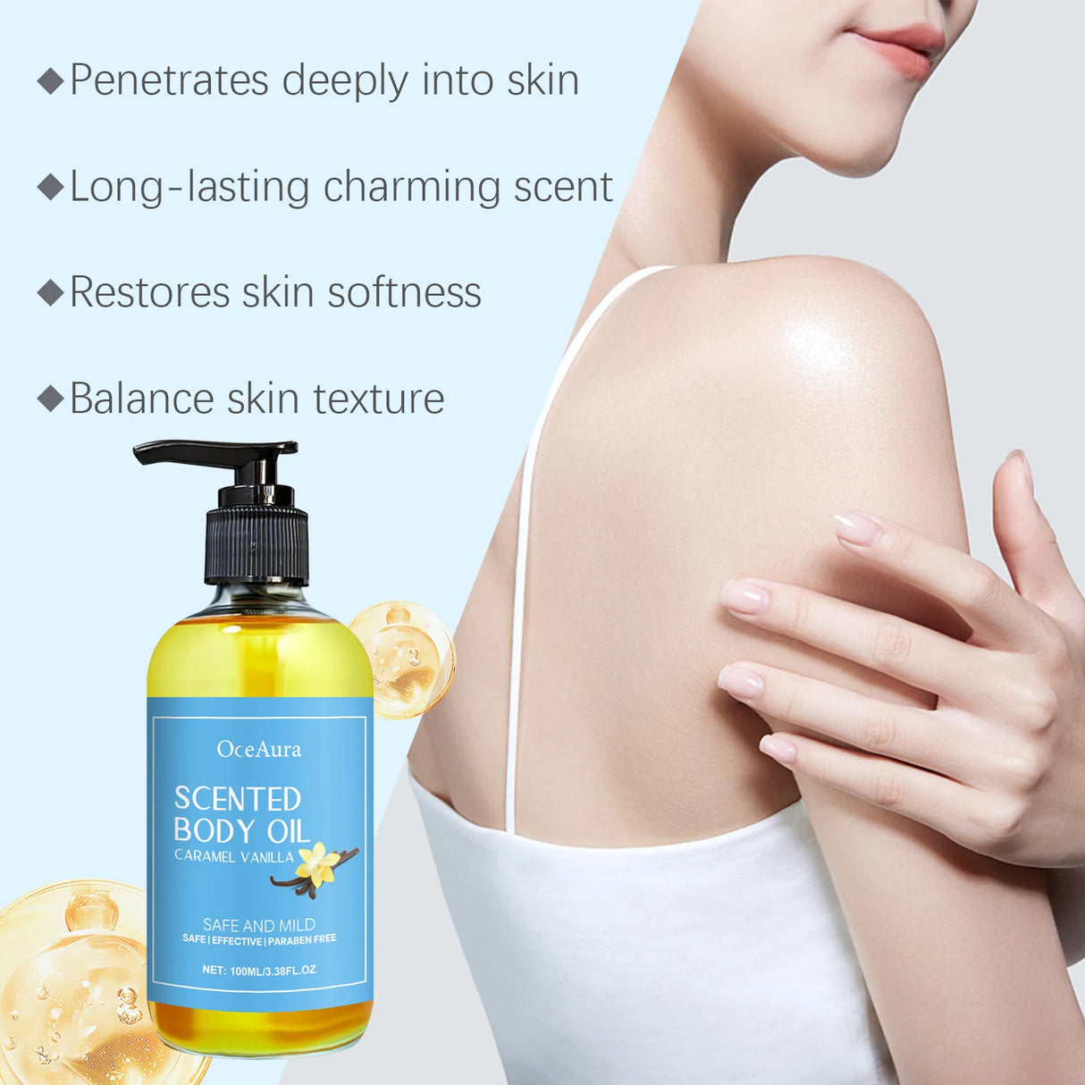 OceAura scented body oil bottle with a woman applying it to her arm on a light blue background