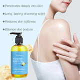 OceAura scented body oil bottle with a woman applying it to her arm on a light blue background