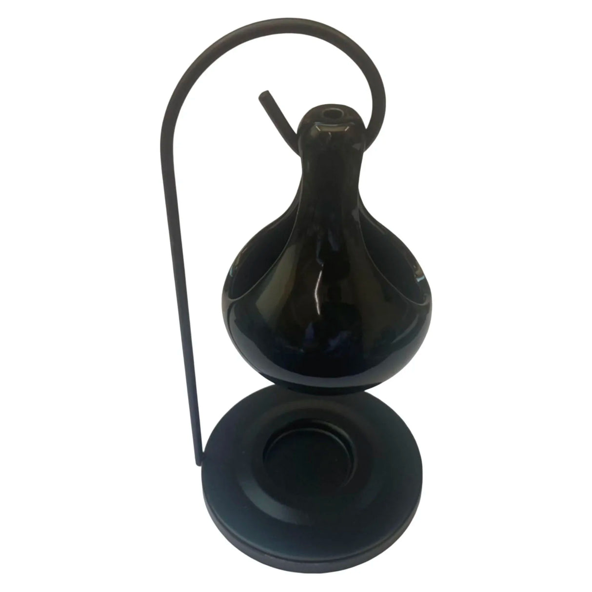 Black hanging bird feeder on a white background