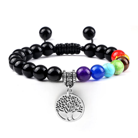 Black beaded bracelet with colorful beads and a silver tree of life charm on a white background