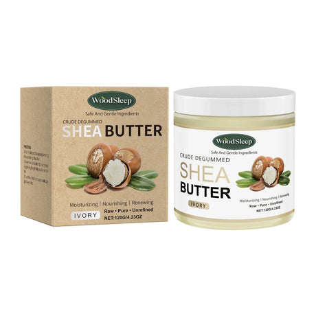 WoodSleep shea butter jar and packaging on a white background