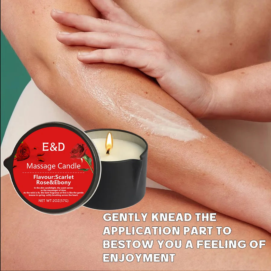 Massage candle with a person applying it to their leg, showing a close-up of the product.