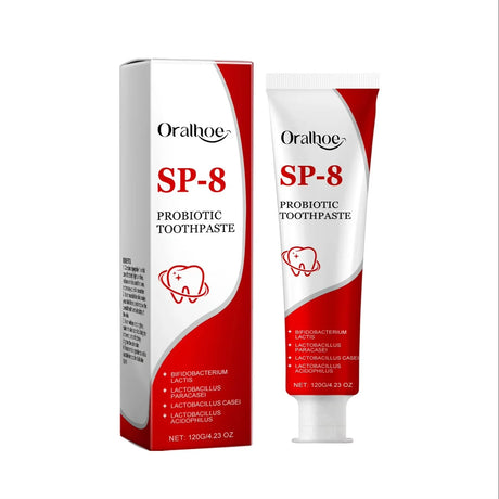 Oralhoo SP-8 probiotic toothpaste tube and packaging on a white background