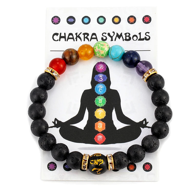 Chakra bracelet with corresponding symbols on a card