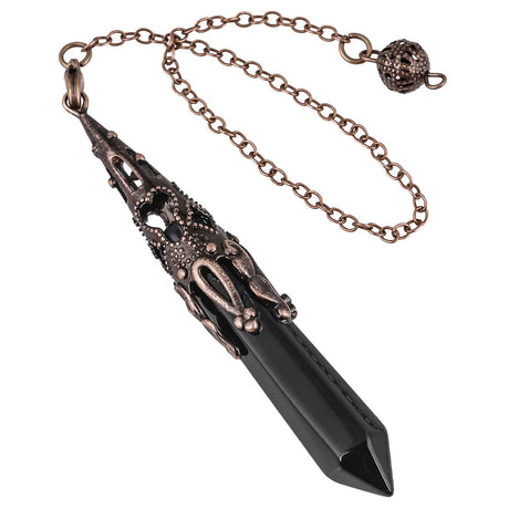 Decorative pendant with black crystal and bronze chain on a white background