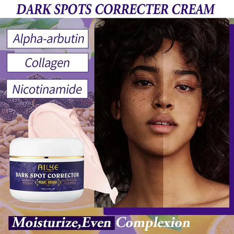 Advertisement for Alikc Dark Spot Corrector Cream with a split-face comparison and product image.