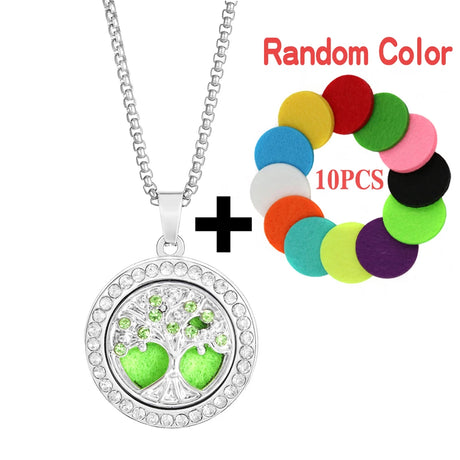 Silver necklace with a tree of life pendant and a bracelet with colorful discs on a white background.