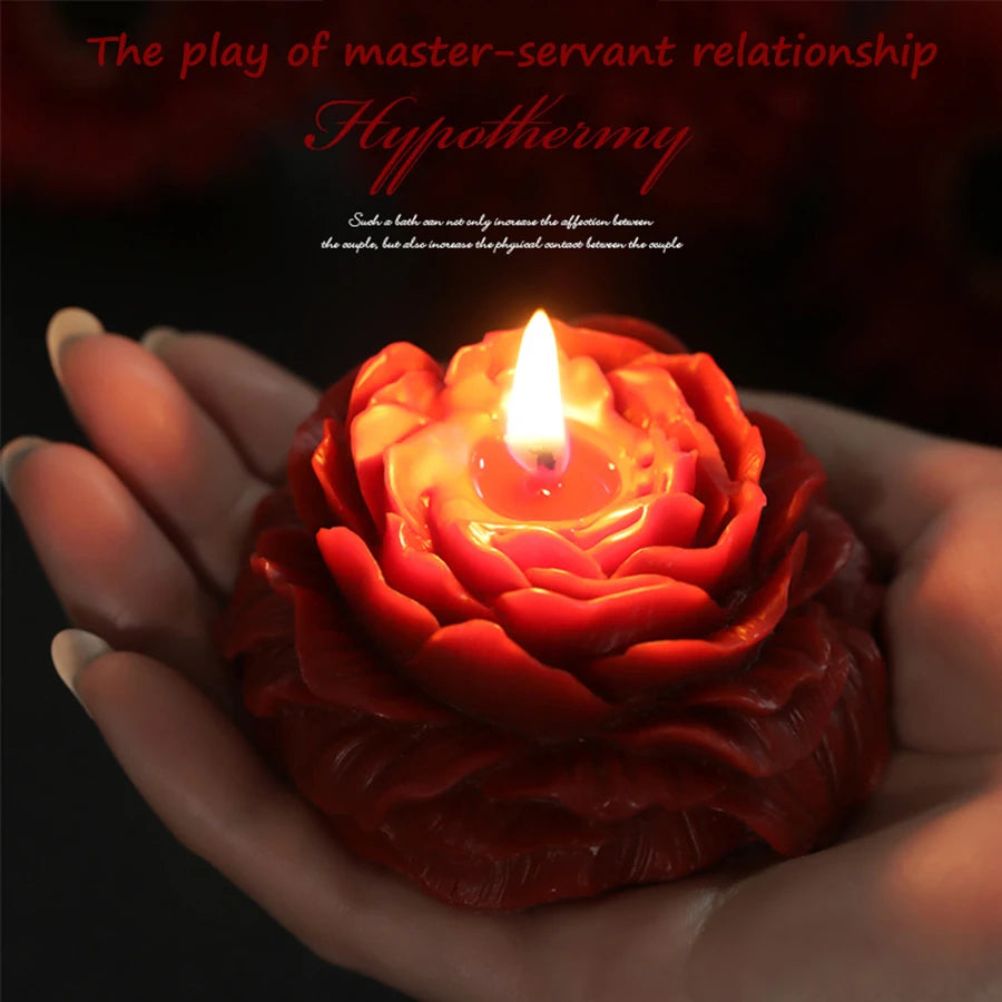 Rose-shaped candle held in hands with a dark background and text overlay.