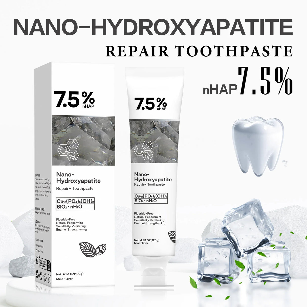 Nano-Hydroxyapatite repair toothpaste packaging with product details on a white background