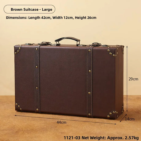 Brown suitcase with dimensions on a beige background
