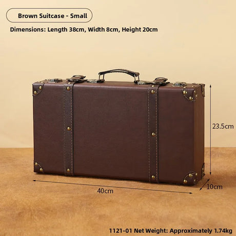 Brown suitcase with dimensions on a beige background