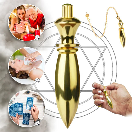 Gold dagger with a pentagram symbol, surrounded by images of people engaging in various activities.