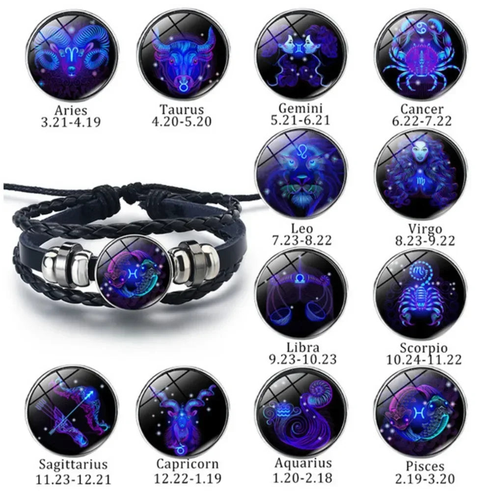 Bracelet with zodiac signs and dates displayed on a white background