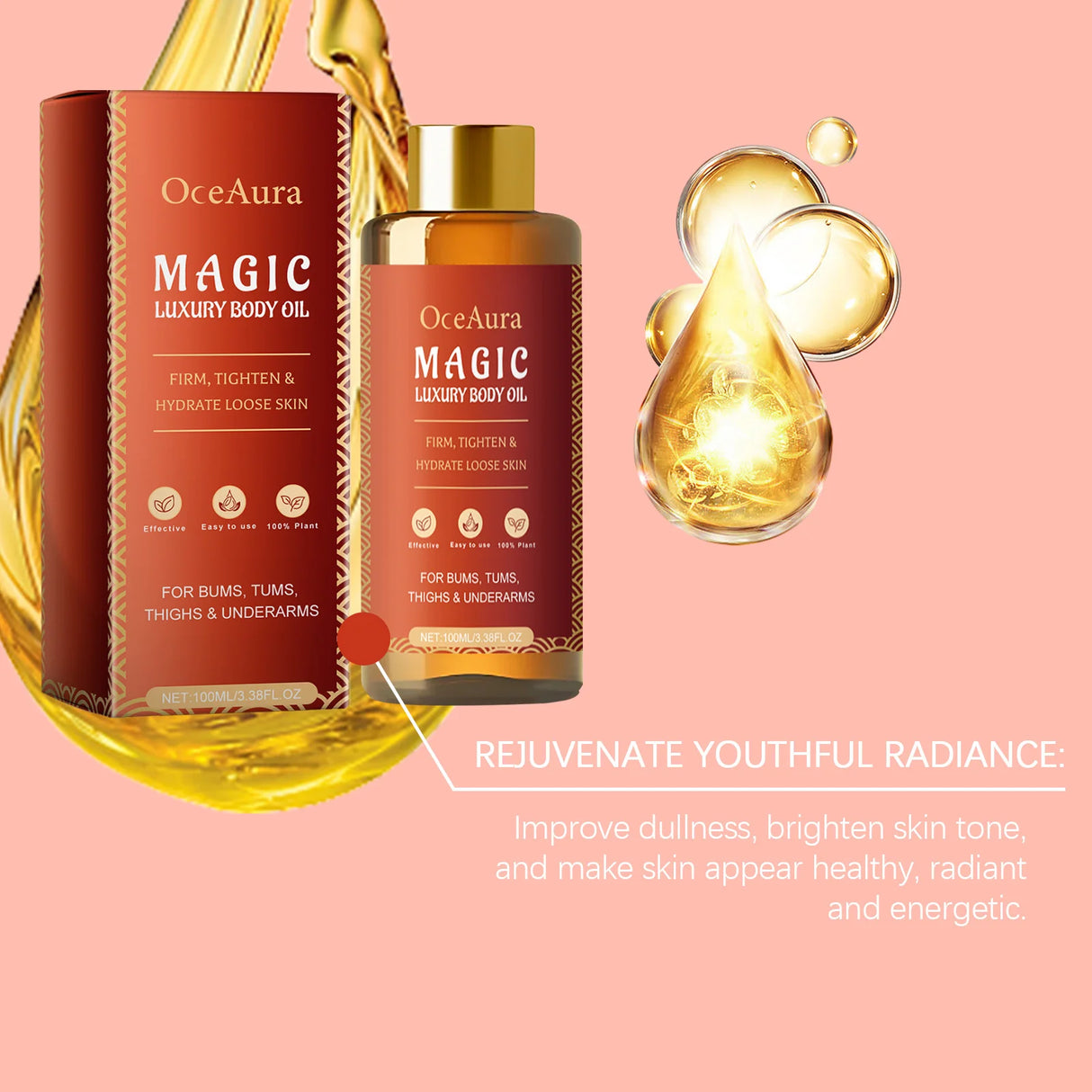 OceAura Magic Luxury Body Oil packaging with oil droplets on a pink background
