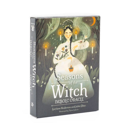 Book titled 'Seasons of the Witch Imbolc Oracle' with an illustration of a woman in a white dress surrounded by candles and nature elements.