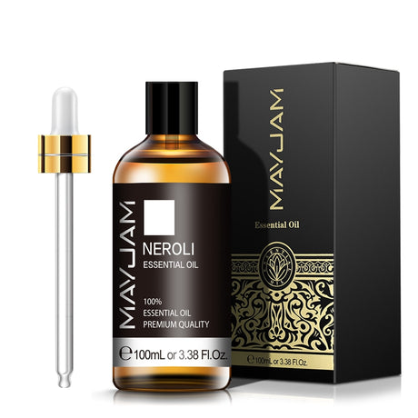 Mayuam Neroli essential oil bottle with dropper and packaging on a white background
