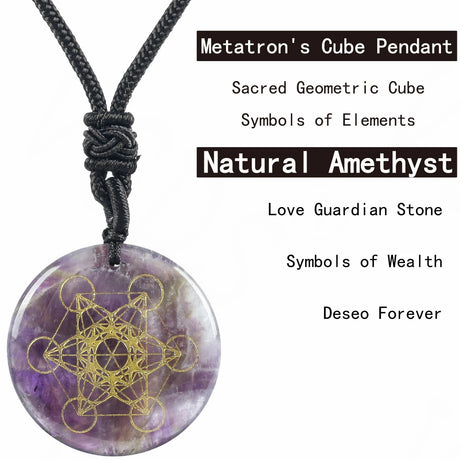 Amethyst pendant with Metatron's Cube design on a black cord against a white background.