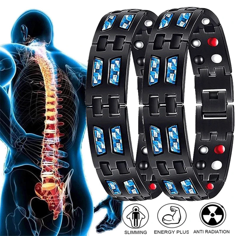 Three black bracelets with blue and red stones on a white background, showing a skeleton and spine illustration.