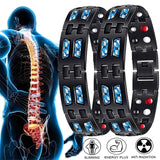 Three black bracelets with blue and red stones on a white background, showing a skeleton and spine illustration.