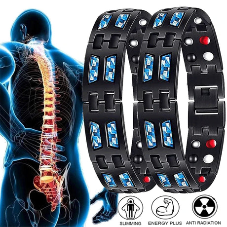 Three black bracelets with blue and red stones on a white background, showing a skeleton and spine illustration.