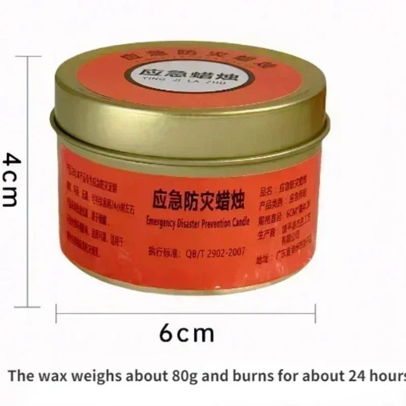 Red emergency candle in a gold tin with dimensions and weight information.
