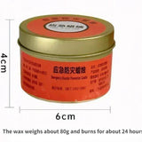 Red emergency candle in a gold tin with dimensions and weight information.
