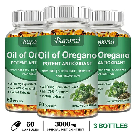 Three bottles of Buporai Oil of Oregano supplements on a white background