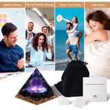 Crystal pyramid product with packaging and usage instructions on a white surface.
