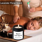 Woman receiving a massage with a candle labeled 'Mom's Last Nerve' and lavender floral scent.
