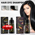 Hair dye shampoo packaging with a woman showing off long black hair, before and after effects shown.
