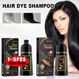 Hair dye shampoo packaging with a woman showing off long black hair, before and after effects shown.