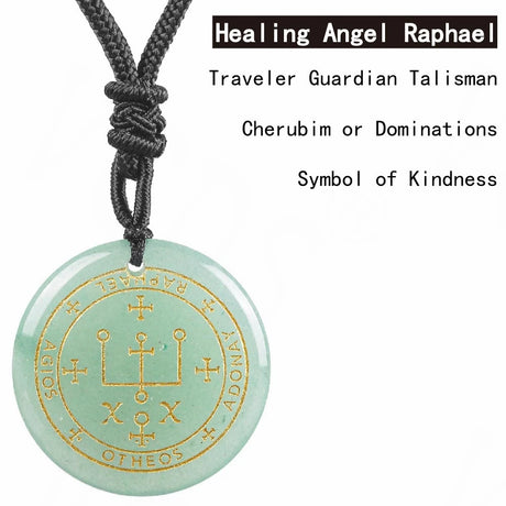 Turquoise pendant with gold symbols on a black cord, labeled 'Healing Angel Raphael'.