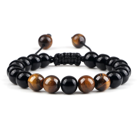 Black and brown beaded bracelet on a white background