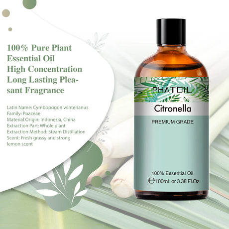 Bottle of PHATOIL Citronella essential oil with product details on a green and white background