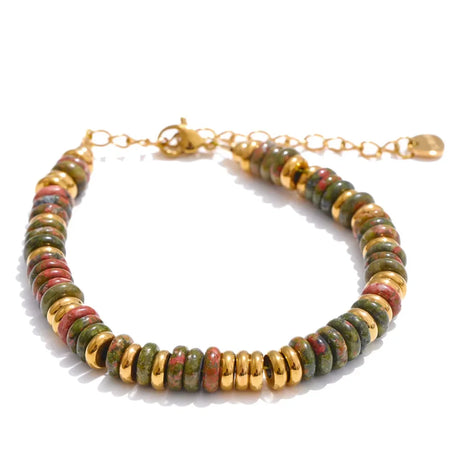 Multicolored beaded bracelet with gold accents on a white background