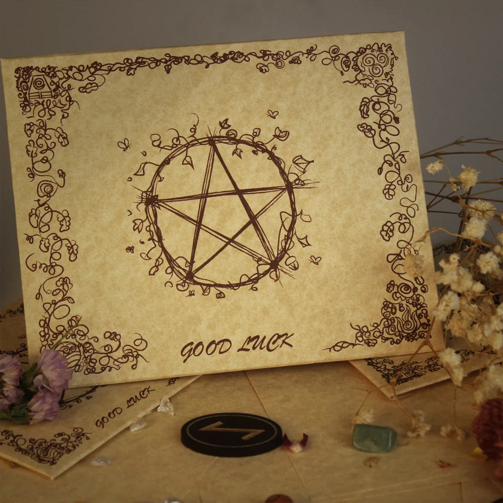 Decorative paper with pentagram design and 'Good Luck' text, surrounded by flowers and decorative items.