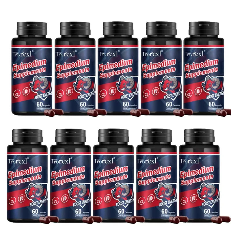 Multiple bottles of Troex Epimedium Supplements on a white background