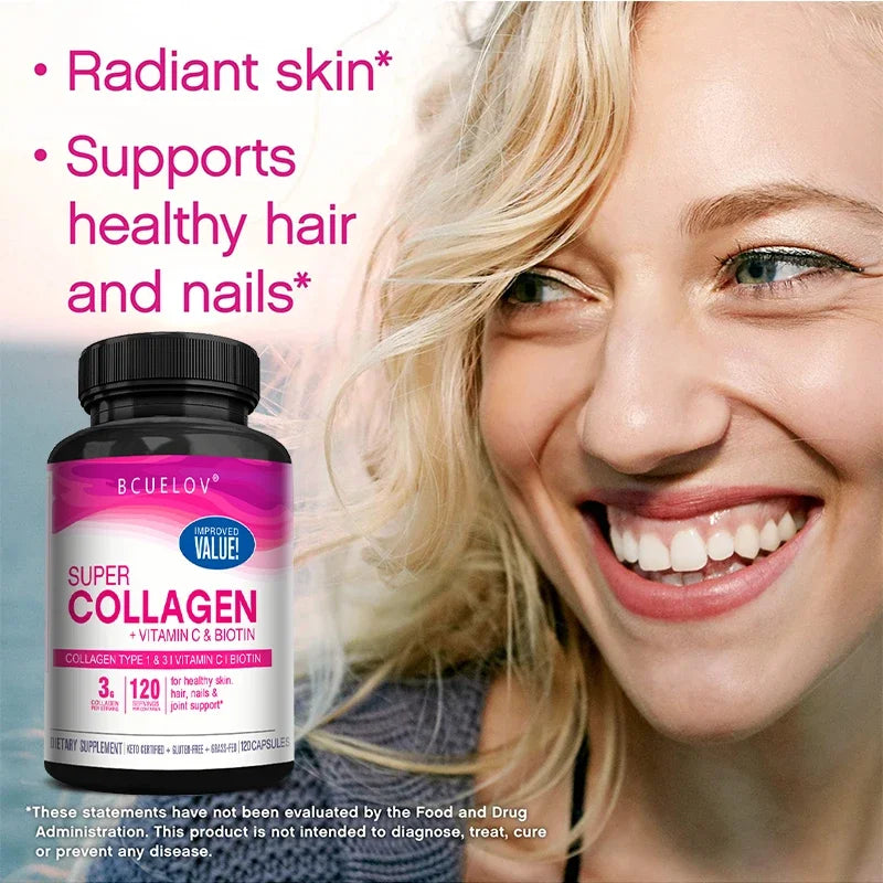 Super Collagen supplement bottle with a smiling woman on a blurred background