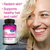 Super Collagen supplement bottle with a smiling woman on a blurred background