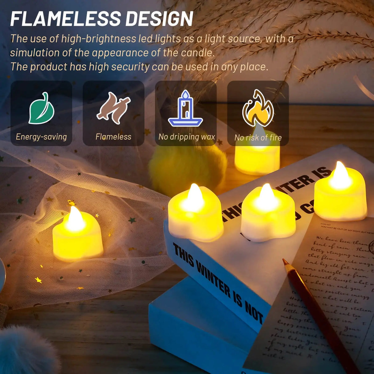 Flameless LED candles with text and icons highlighting features on a decorative background.